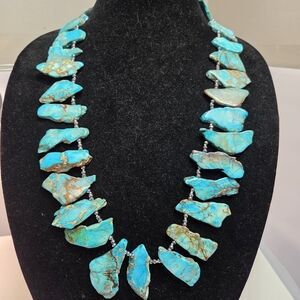 LUC natural blue ridge turquoise slab necklace 925 sterling silver clasp 30in